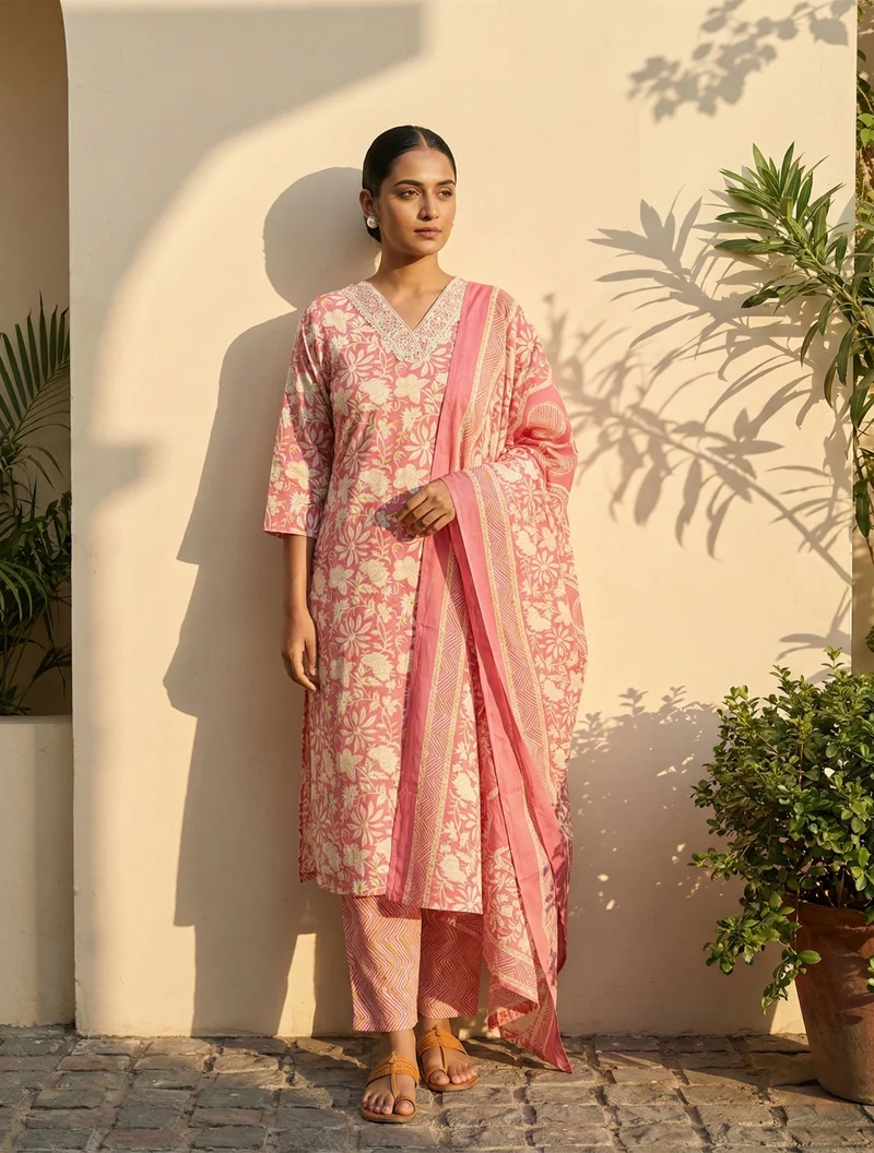 ترو برونز trueBrowns Pink Floral Print Kurta Pant Dupatta Set